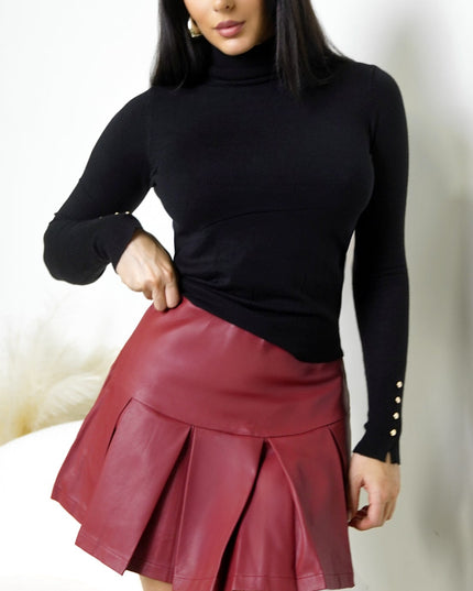 Brick Red Pleated PU Leather Skirt