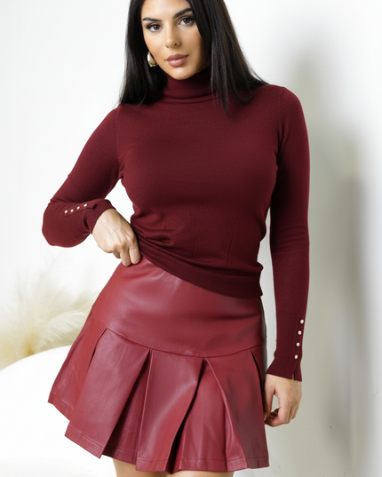 Brick Red Pleated PU Leather Skirt