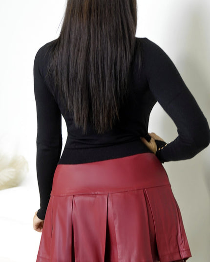 Brick Red Pleated PU Leather Skirt