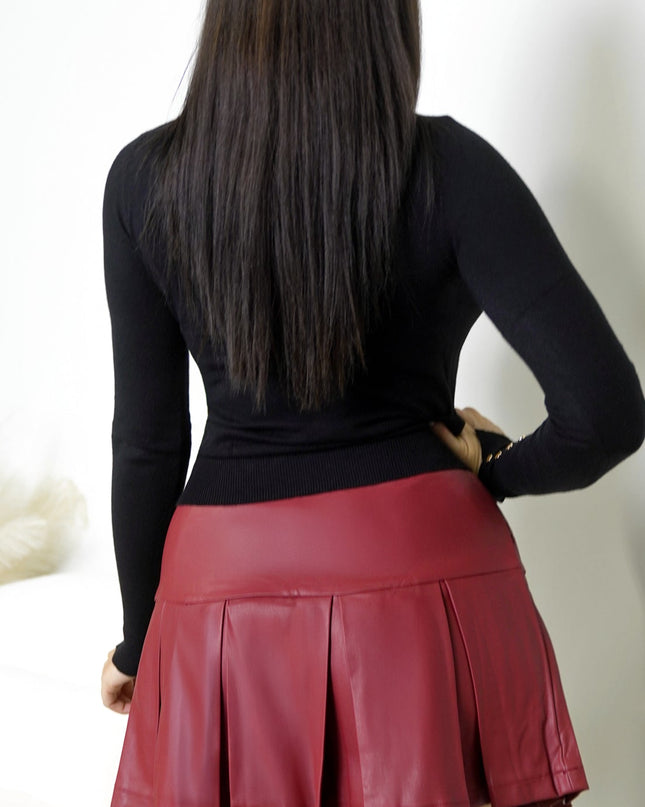 Brick Red Pleated PU Leather Skirt
