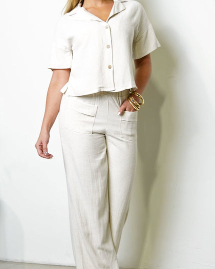 Beige Front Button Down Linen Set