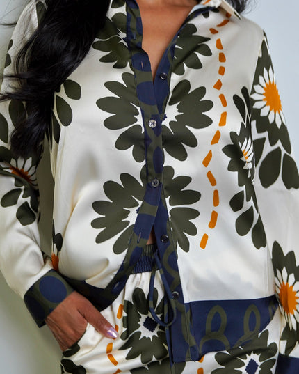 Cream Floral Print Satin Set