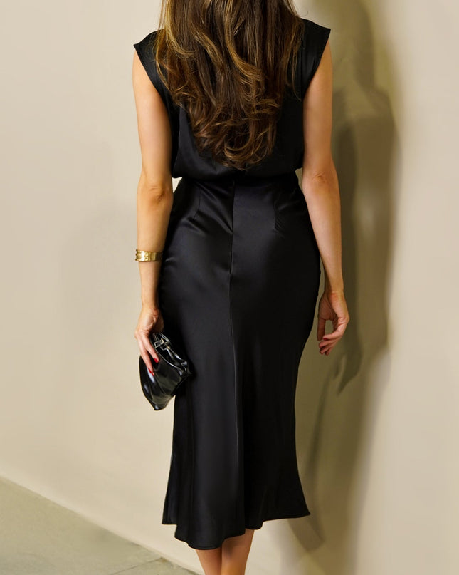 Black Satin Midi Dress