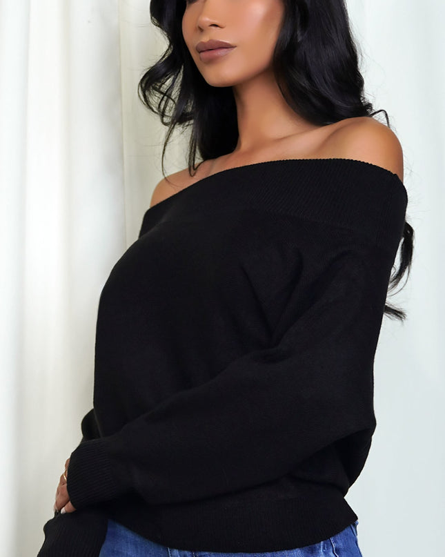 Black Off Shoulder Dolman Sleeve Sweater Top