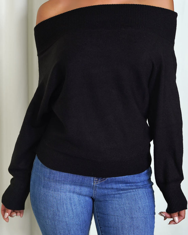 Black Off Shoulder Dolman Sleeve Sweater Top