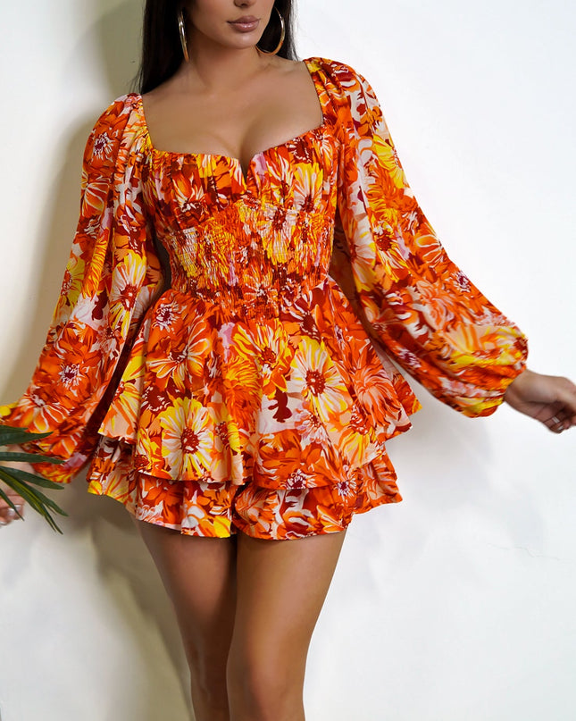 Orange Multi Color Floral Print Romper