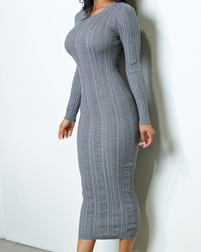 Gray Long Sleeve Knit Cable Midi Dress