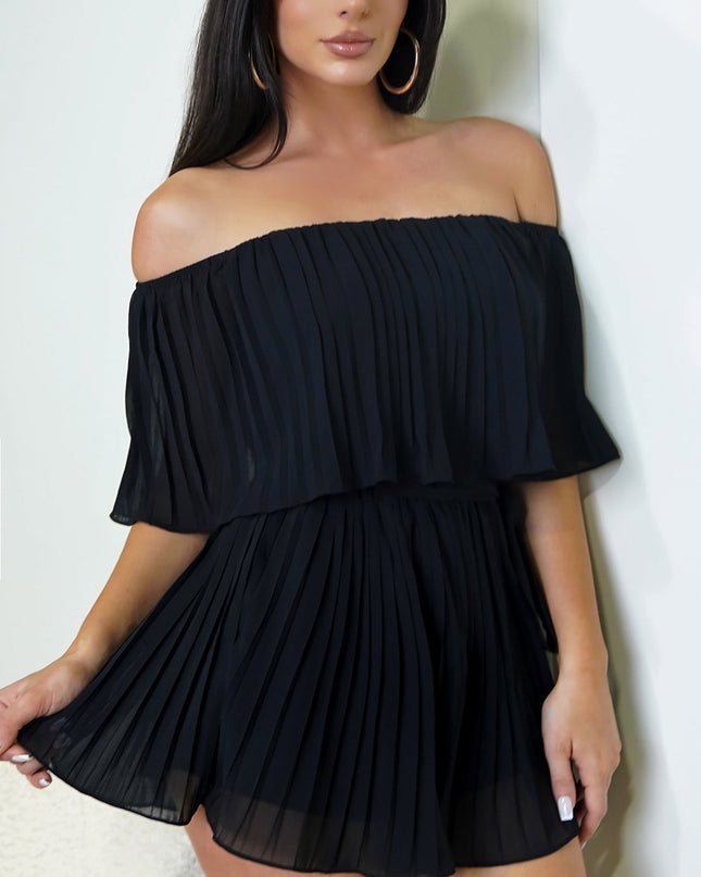 Black Off Shoulder Pleated Romper