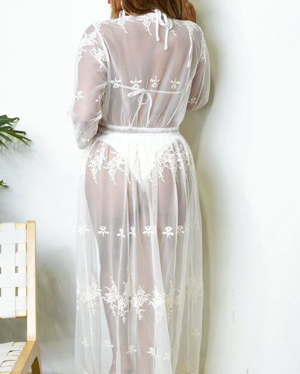 Off White Sheer Embroidered Beach Cover Up