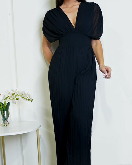 Black V Neck Pleated Jumpsuit