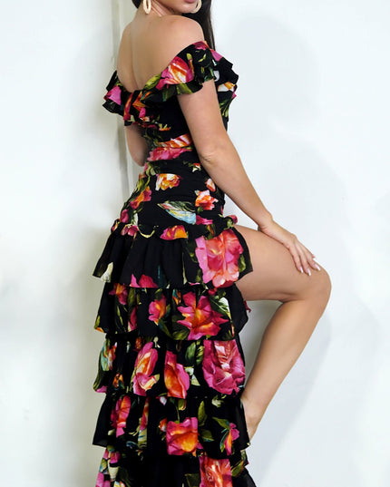 Black Floral Off Shoulder Ruffle Tier Maxi Dress