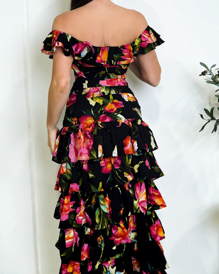 Black Floral Off Shoulder Ruffle Tier Maxi Dress