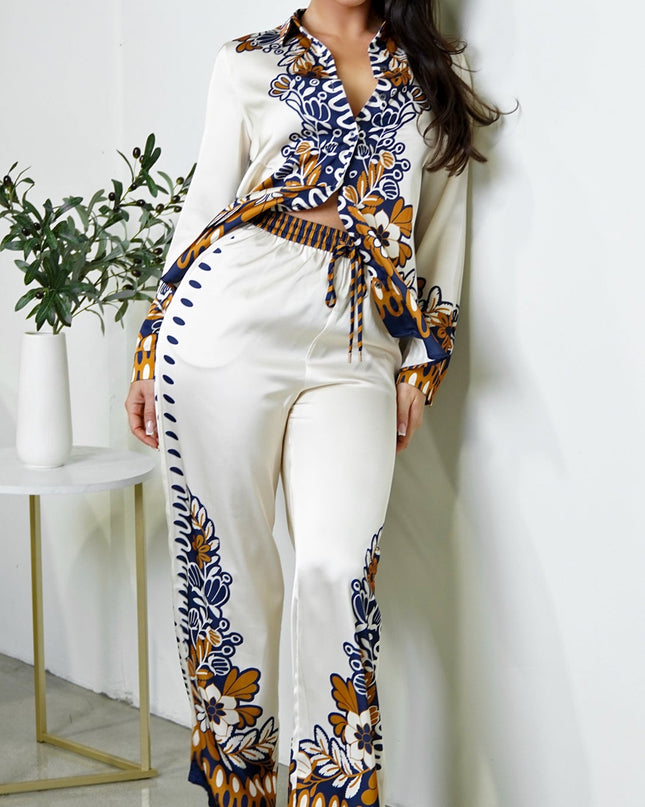 Cream Floral Print Satin Set