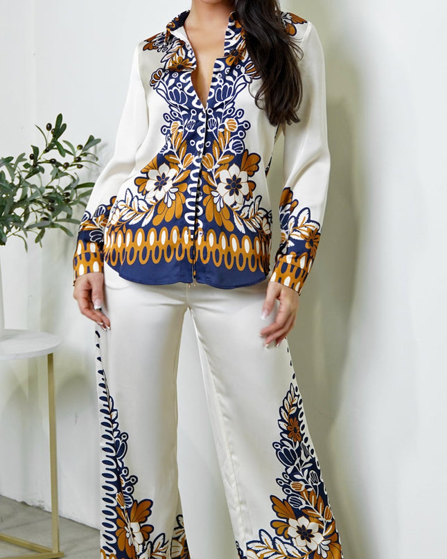 Cream Floral Print Satin Set