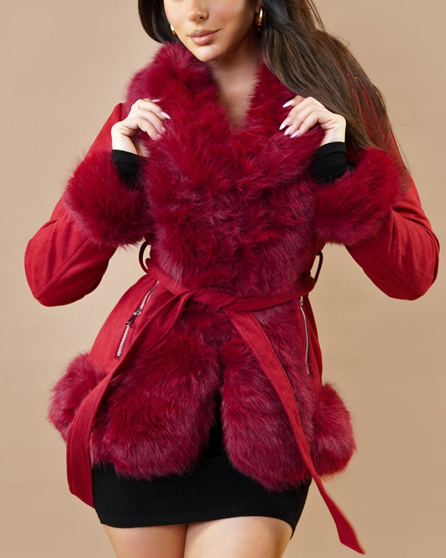 Red Faux Suede Fur Coat