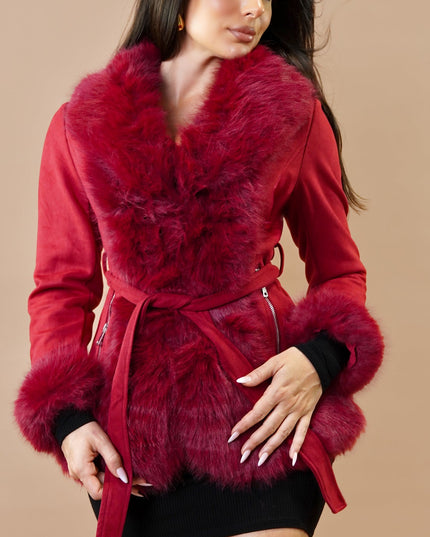 Red Faux Suede Fur Coat