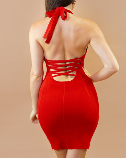 Red Knit Halter Neck Mini Dress