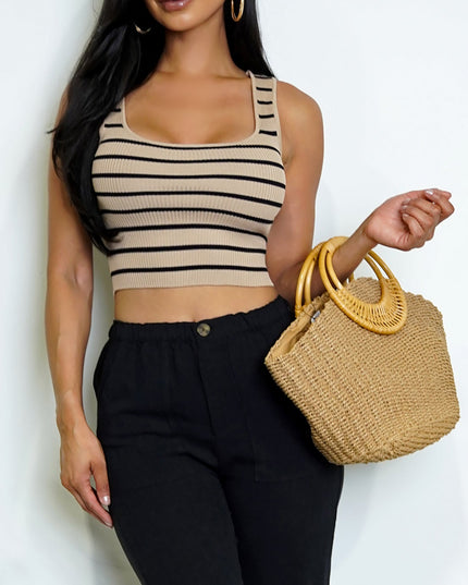 Beige Striped Ribbed Crop Tank Top