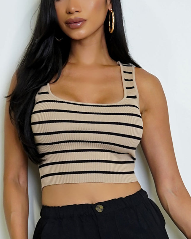 Beige Striped Ribbed Crop Tank Top