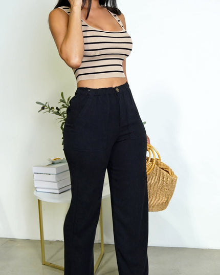 Beige Striped Ribbed Crop Tank Top
