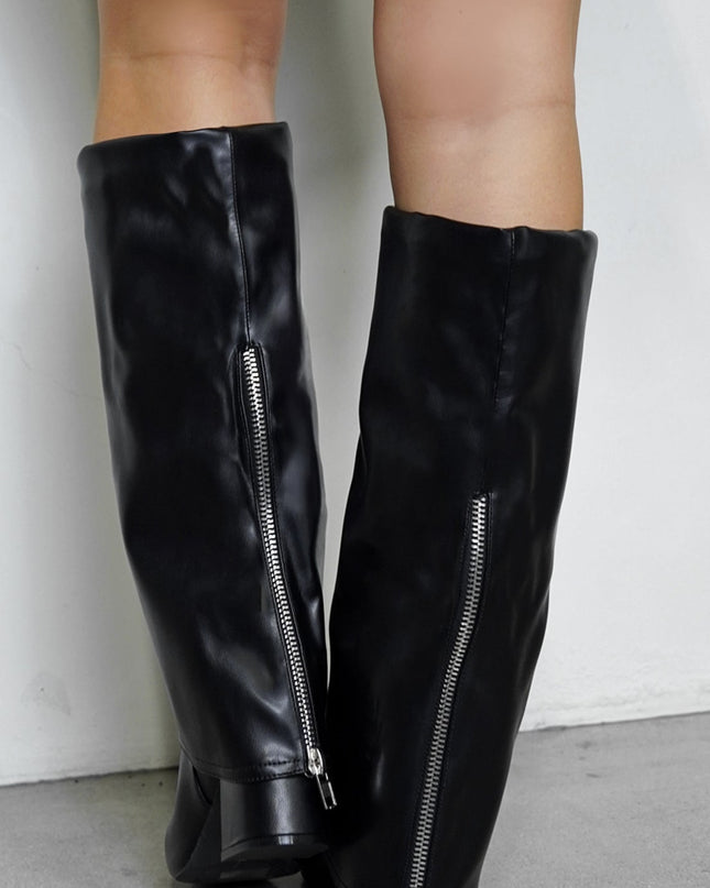 Black Heel Pointed Toe Foldover Boots