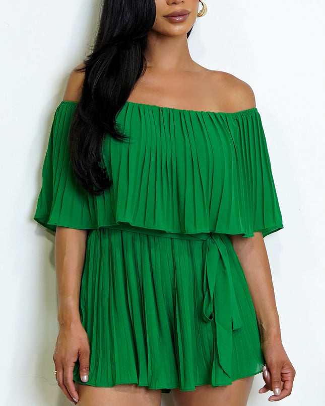 Green Off Shoulder Pleated Romper