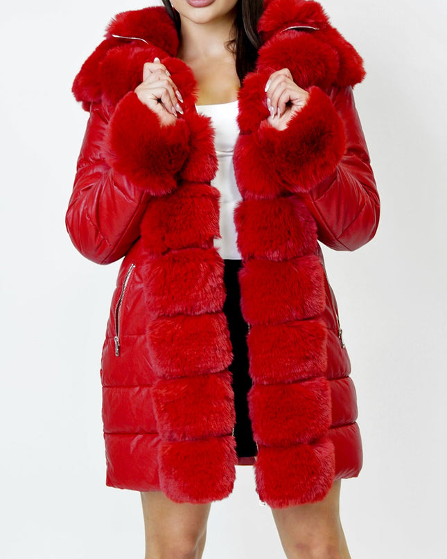 Red PU Puffer Fur Jacket