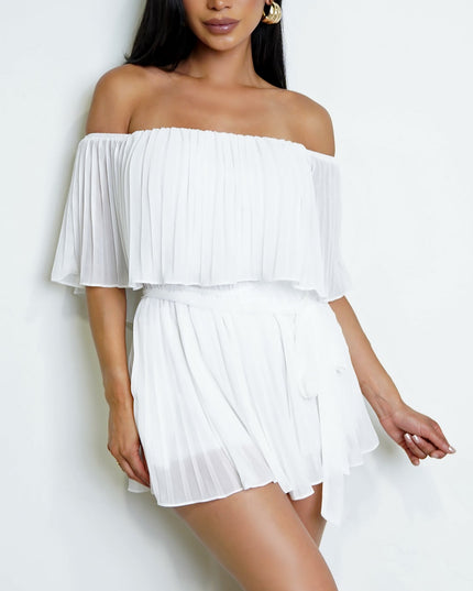 White Off Shoulder Pleated Romper