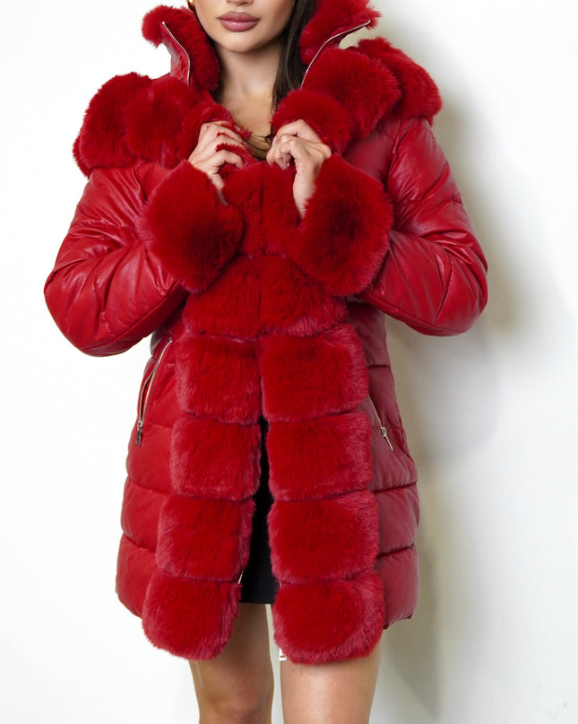 Red PU Puffer Fur Jacket