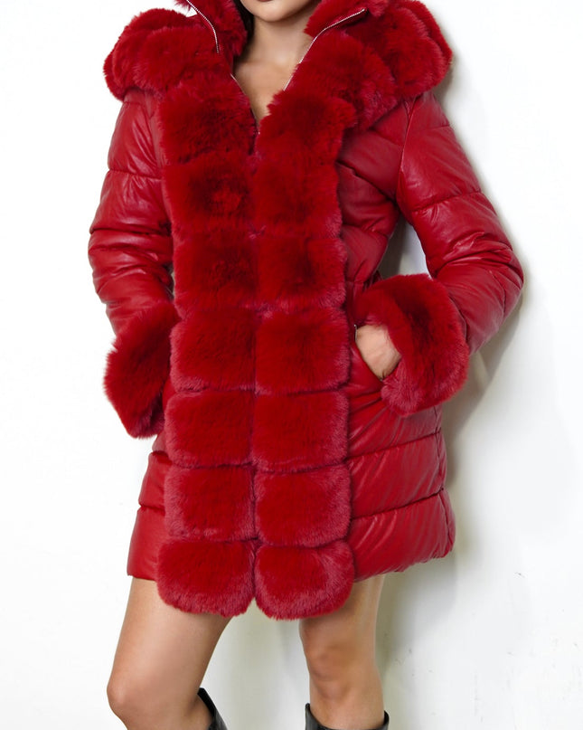 Red PU Puffer Fur Jacket