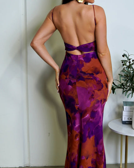 Purple Multicolor Chiffon Print Maxi Dress