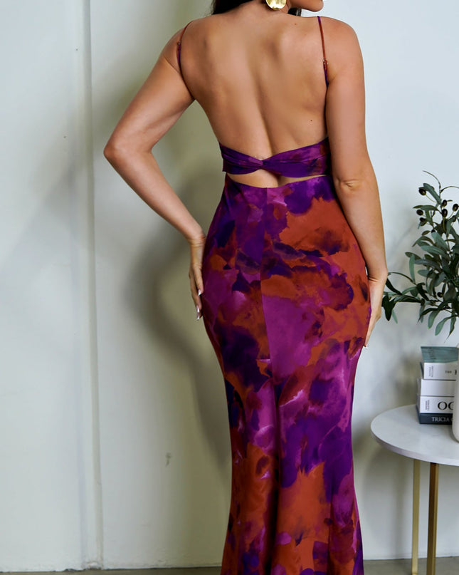 Purple Multicolor Chiffon Print Maxi Dress