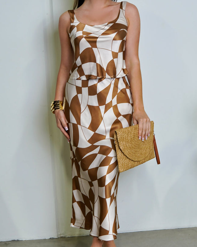 Brown Print Satin Skirt Set