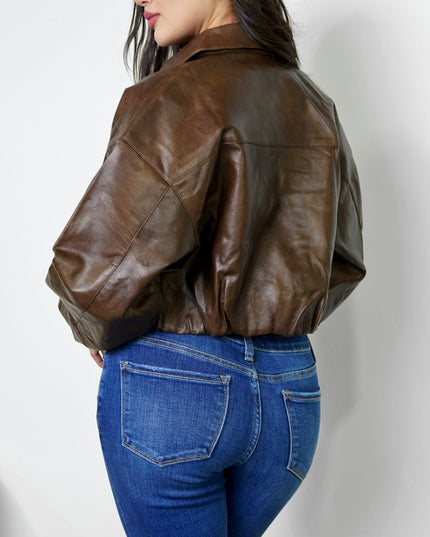 Brown Bomber PU Leather Jacket