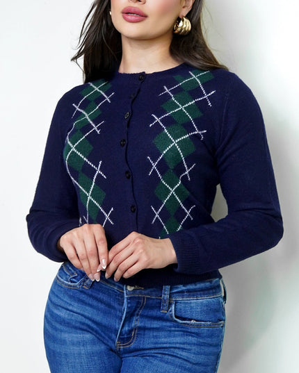 Navy Argyle Knit Cardigan