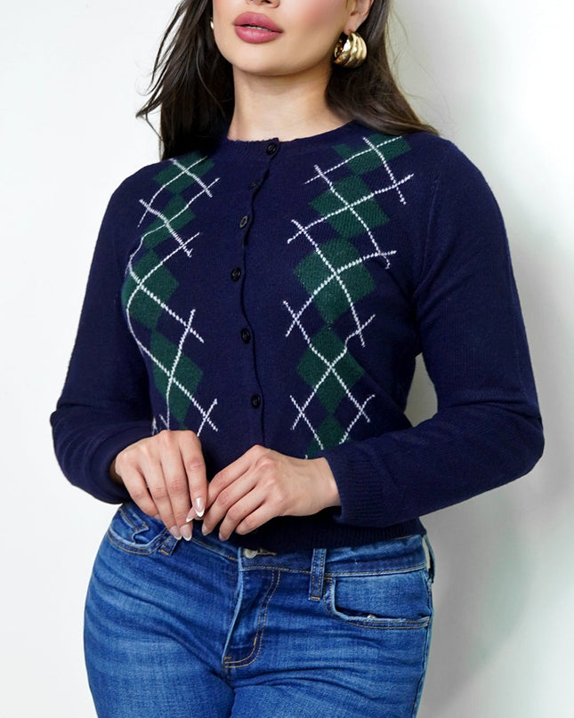 Navy Argyle Knit Cardigan