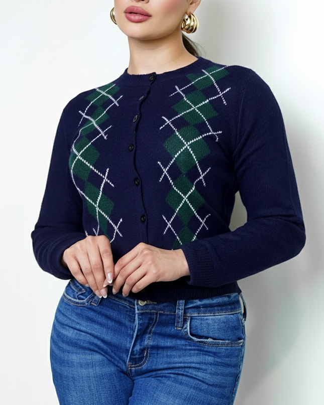 Navy Argyle Knit Cardigan