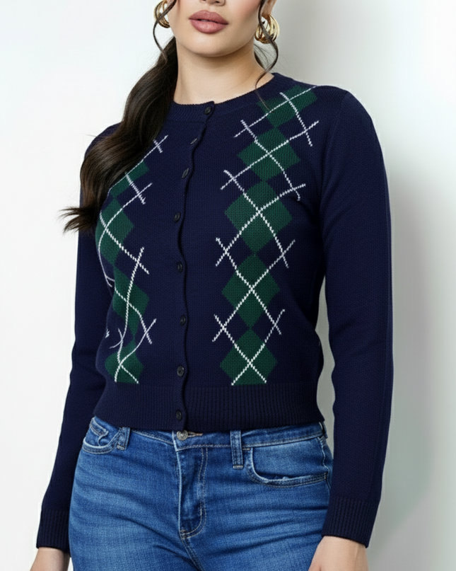 Navy Argyle Knit Cardigan