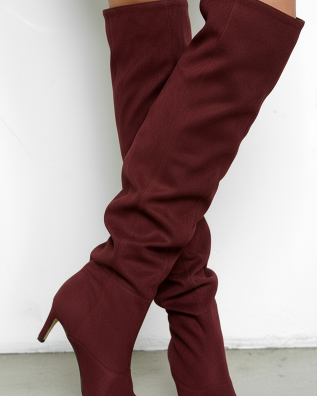 Burgundy Suede Ruched Boots