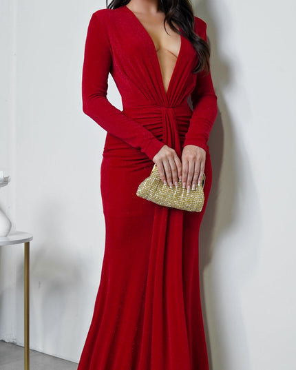Red Metallic Ruched Deep V Maxi Dress