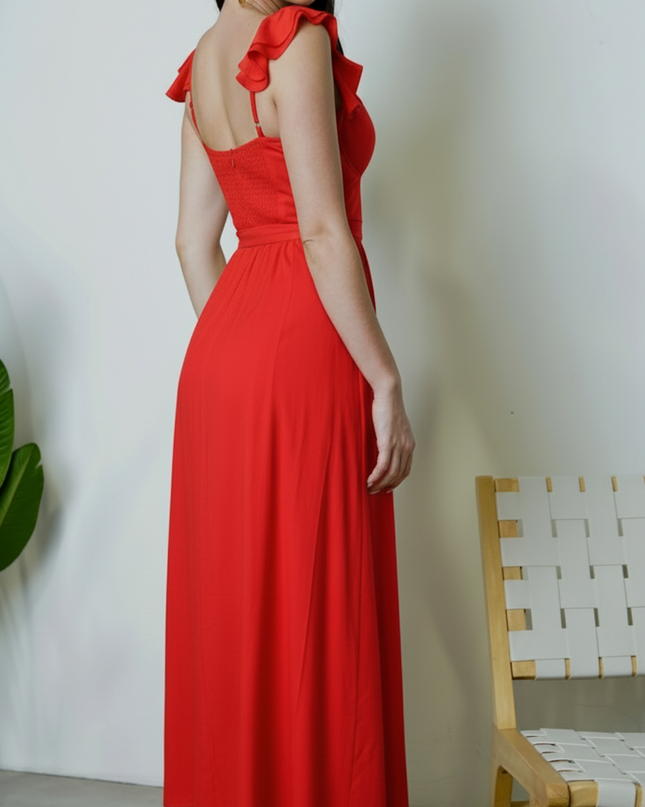 Red Corset Ruffle Midi Dress