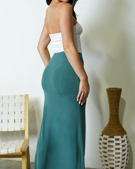 Green Jersey Knit Ribbed Maxi Skirt