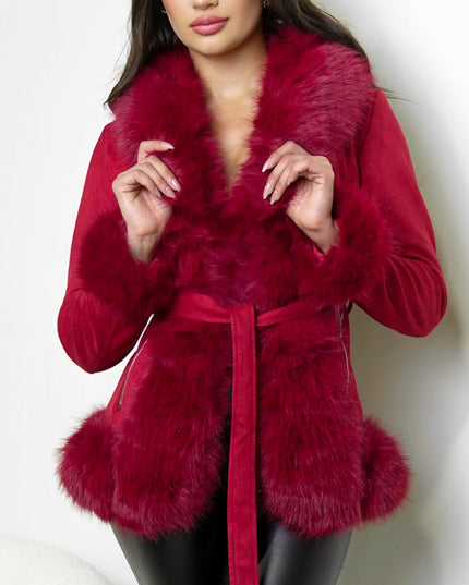 Red Faux Suede Fur Coat