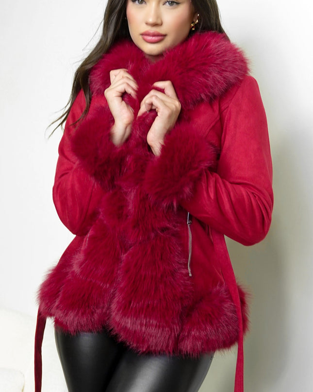 Red Faux Suede Fur Coat