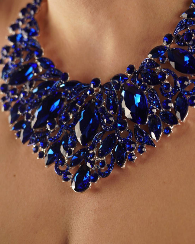 Blue Sapphire Leaf Marquise Stone Necklace & Earrings Set