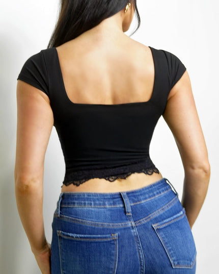 Black Lace Trim Cap Sleeve Top