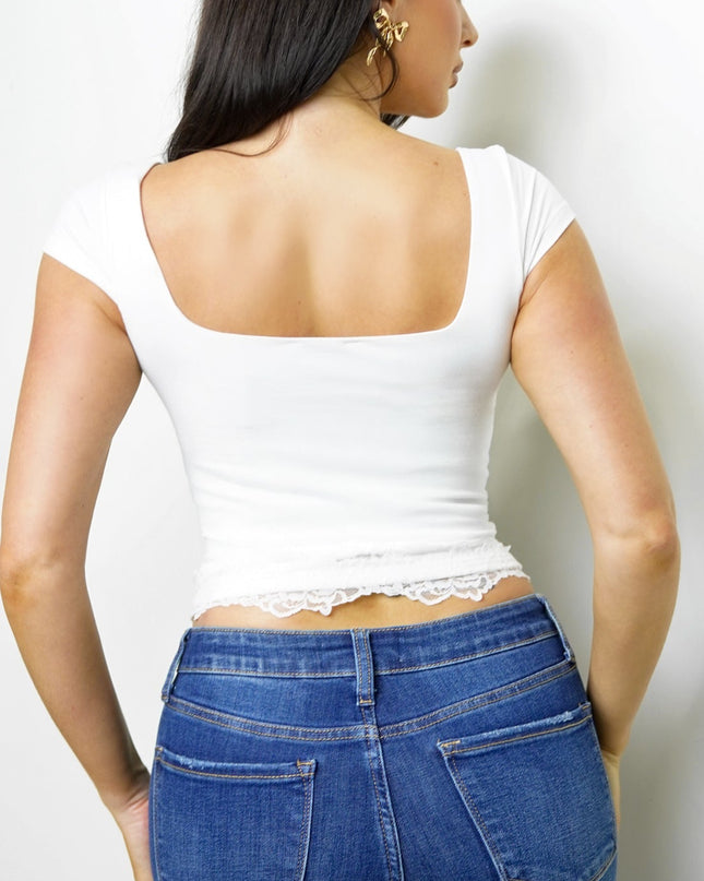 White Lace Trim Cap Sleeve Top