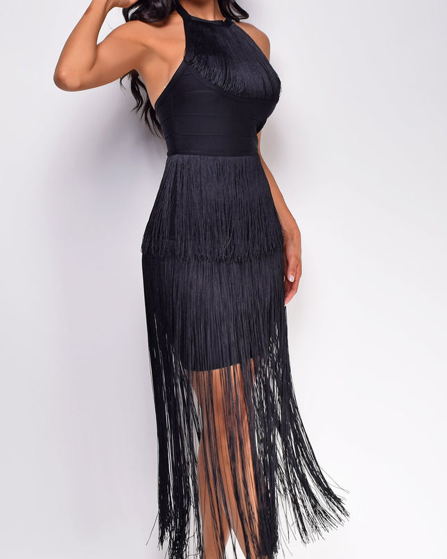 Black Halter Fringe Mini Dress