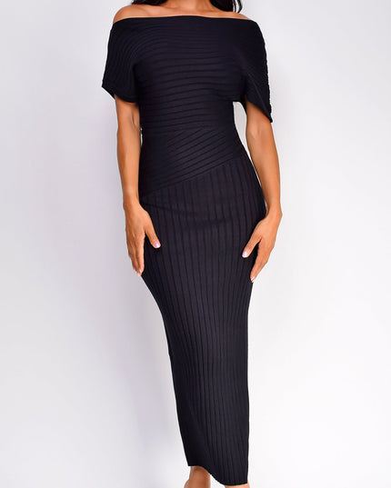 Black One Shoulder Ribbed Midi Dress