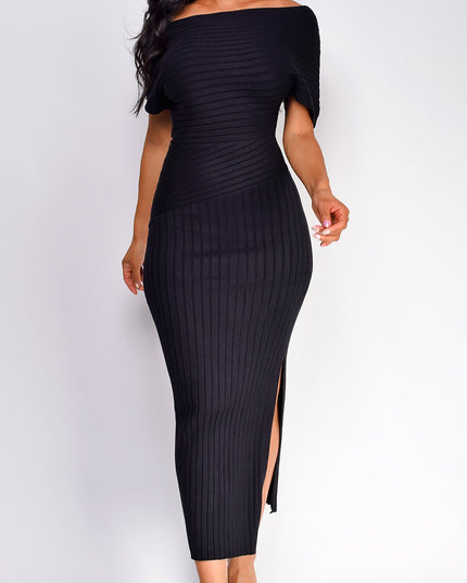 Black One Shoulder Ribbed Midi Dress